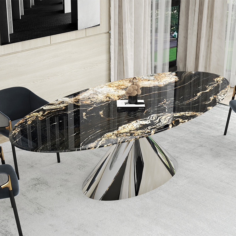 Table à manger en marbre naturel avec pieds en acier inoxydable