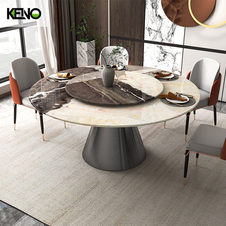 黑钢底座懒人苏珊大理石圆形餐桌