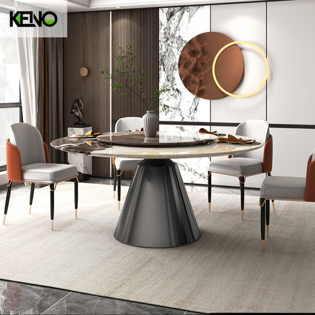 黑钢底座懒人苏珊大理石圆形餐桌