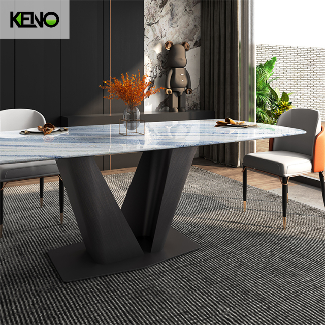 Modern Rectangular 79" Marble Dining Table Black Metal π-Base White Marble Dining Table