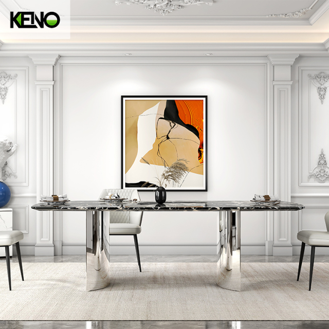 طقم أثاث غرفة طعام عصري مكون من 5/7 قطع مع كراسي مبطنة باللون البيج وطاولة من الرخام