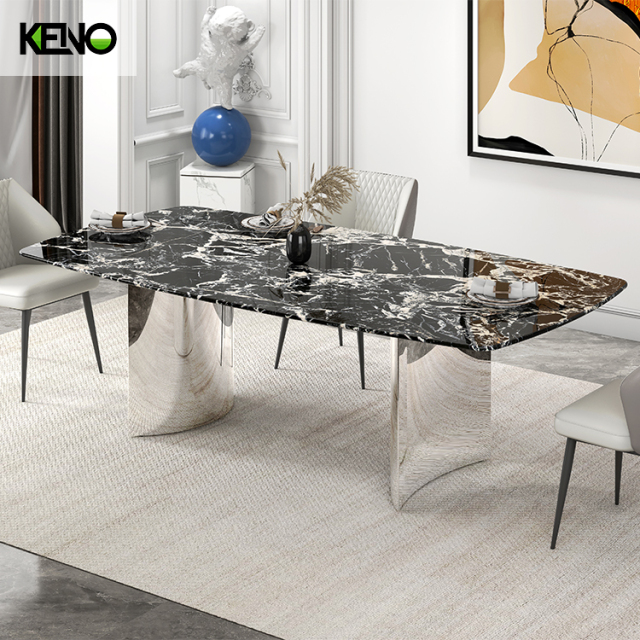 طقم أثاث غرفة طعام عصري مكون من 5/7 قطع مع كراسي مبطنة باللون البيج وطاولة من الرخام