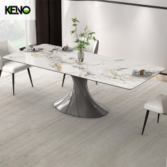 意大利轻奢岩板餐桌 Pandora 奢华玻璃纤维底座长方形石材餐桌带固定桌面
