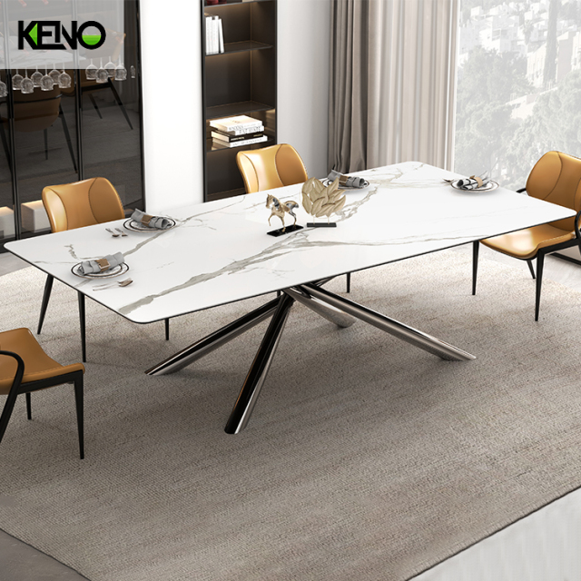 Steel Base Kitchen Table and Chairs, Transformation Dining Table Industrial Stone Table in White for Dining Room