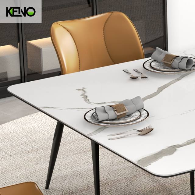 Steel Base Kitchen Table and Chairs, Transformation Dining Table Industrial Stone Table in White for Dining Room