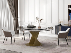 Metal Golden Base 6 Seater Round Marble Dining Table with Inbuilt Lazy Susan