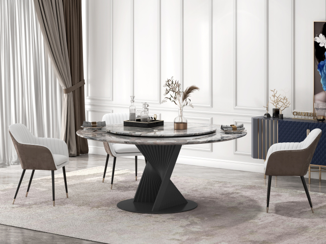 Metal Golden Base 6 Seater Round Marble Dining Table with Inbuilt Lazy Susan