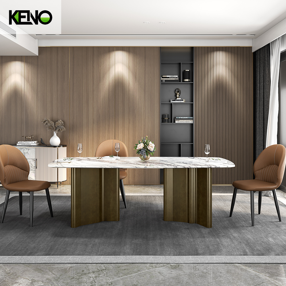 Bronze Table Leg Home Furniture Dining Room Marble Dining Table Set with Chairs