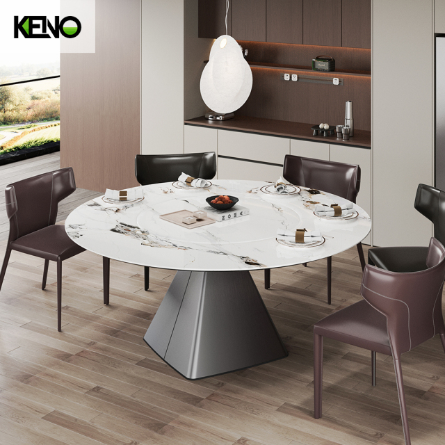 KENO Factory Home Furniture Embedded Turntable Slate Dining Table Set with Dining Chairs