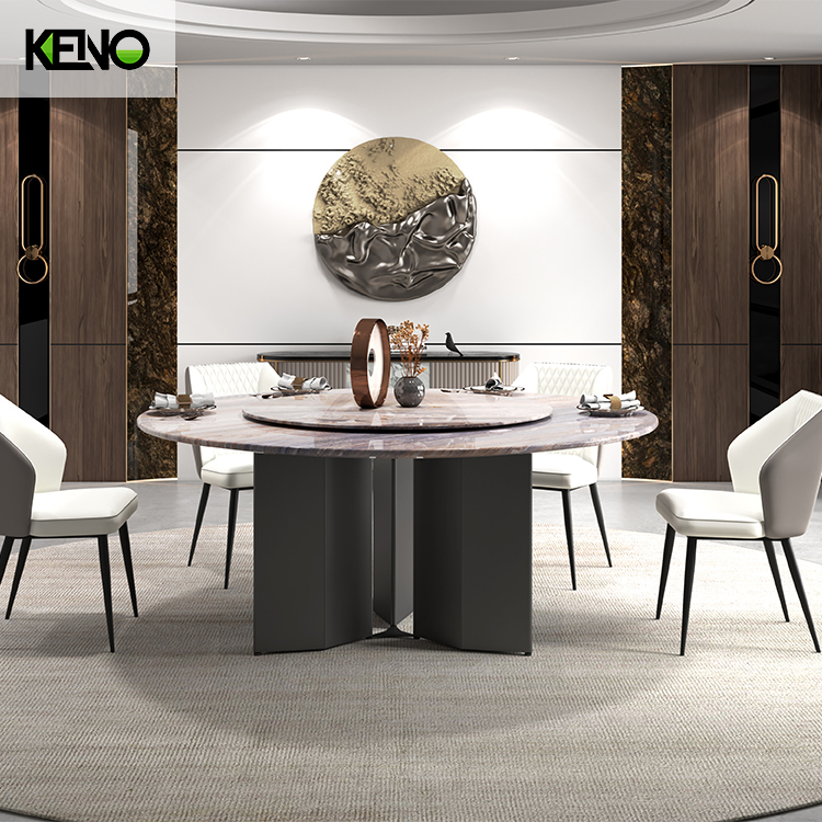 Luxury Romantic Round Turntable Marble Dining Table Set with Dining Chairs