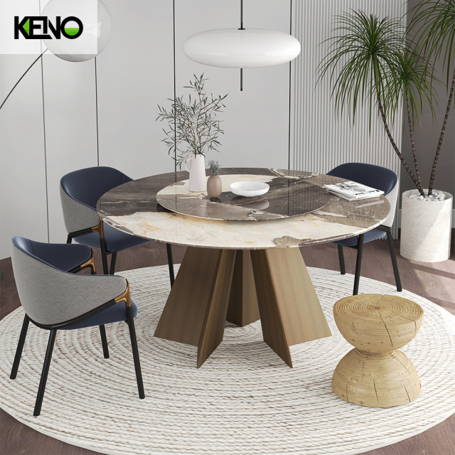KENO Beige Tones Romantic Round Marble Dining Table with Dinner Chairs