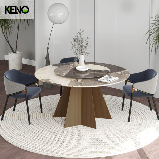 KENO Beige Tones Romantic Round Marble Dining Table with Dinner Chairs