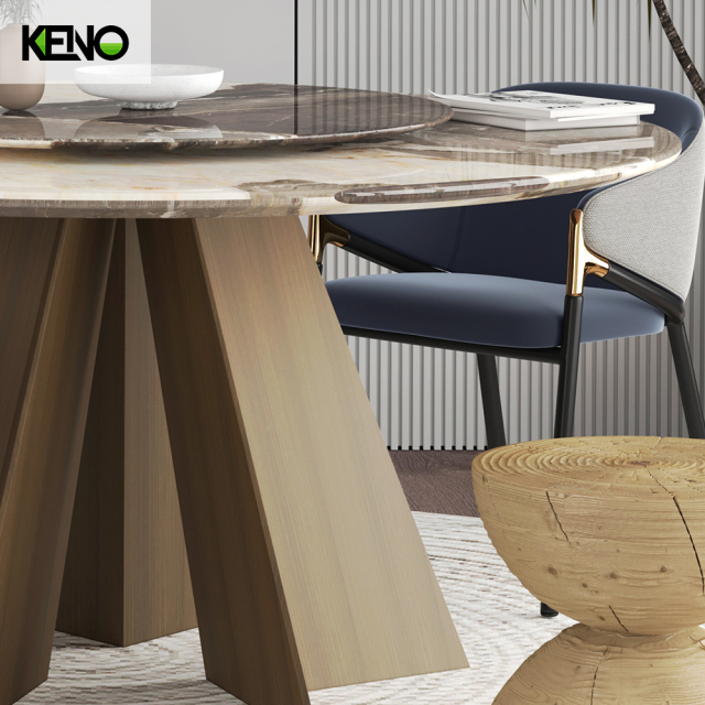 KENO Beige Tones Romantic Round Marble Dining Table with Dinner Chairs