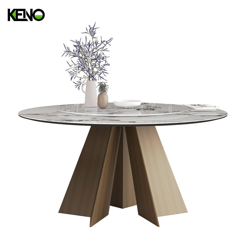 KENO Yellow Bronze Tones Romantic Round Sintered Stone Dining Table with Dinner Chairs