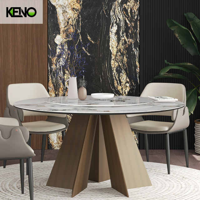 KENO Yellow Bronze Tones Romantic Round Sintered Stone Dining Table with Dinner Chairs