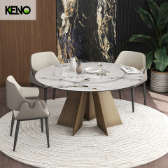 KENO Yellow Bronze Tones Romantic Round Sintered Stone Dining Table with Dinner Chairs