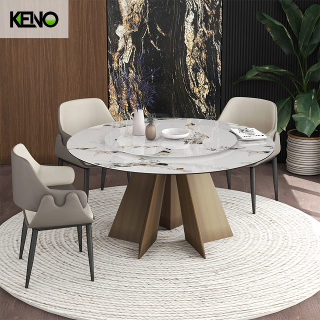 KENO Yellow Bronze Tones Romantic Round Sintered Stone Dining Table with Dinner Chairs