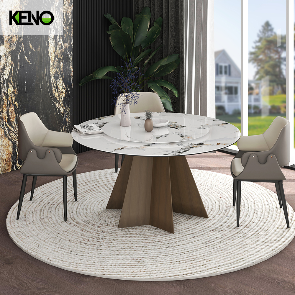KENO Yellow Bronze Tones Romantic Round Sintered Stone Dining Table with Dinner Chairs