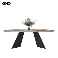 Home Furniture Dining Table High-end Venetian Light Brown Sand Black Elongated Ellipse Marble Dining Table Set