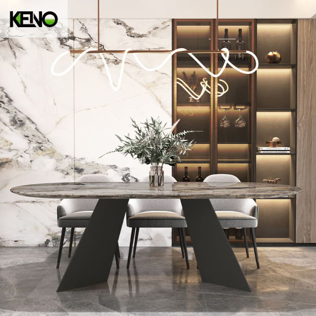 Home Furniture Dining Table High-end Venetian Light Brown Sand Black Elongated Ellipse Marble Dining Table Set