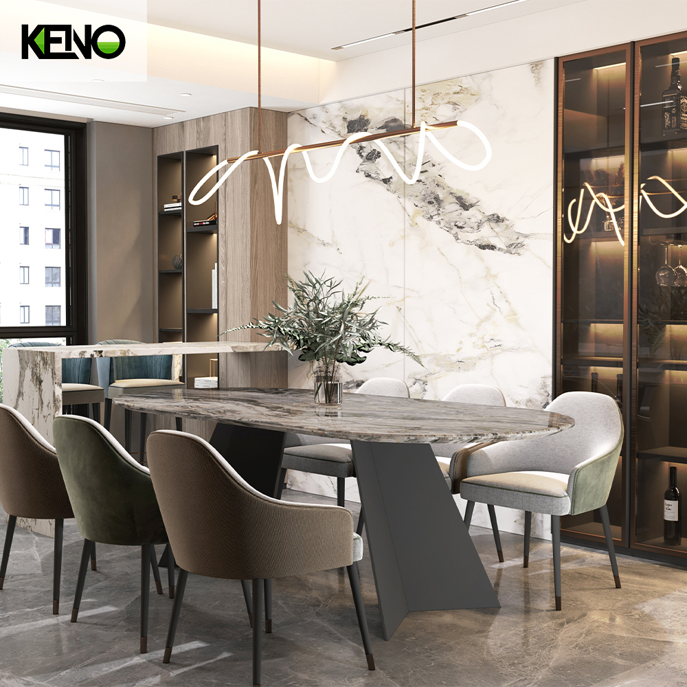 Home Furniture Dining Table High-end Venetian Light Brown Sand Black Elongated Ellipse Marble Dining Table Set