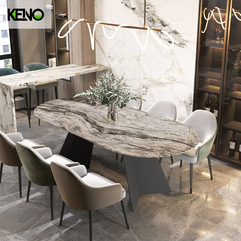 Home Furniture Dining Table High-end Venetian Light Brown Sand Black Elongated Ellipse Marble Dining Table Set