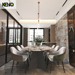 Home Furniture Dining Table High-end Venetian Light Brown Sand Black Elongated Ellipse Marble Dining Table Set