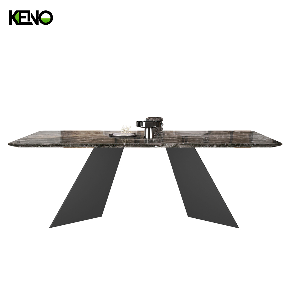 Dining Room Table High-end Home Furniture Venetian Light Brown Sand Black Elongated Ellipse Marble Dining Table Set with Dinner Chairs