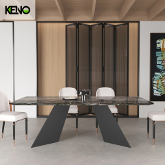 Dining Room Table High-end Home Furniture Venetian Light Brown Sand Black Elongated Ellipse Marble Dining Table Set with Dinner Chairs
