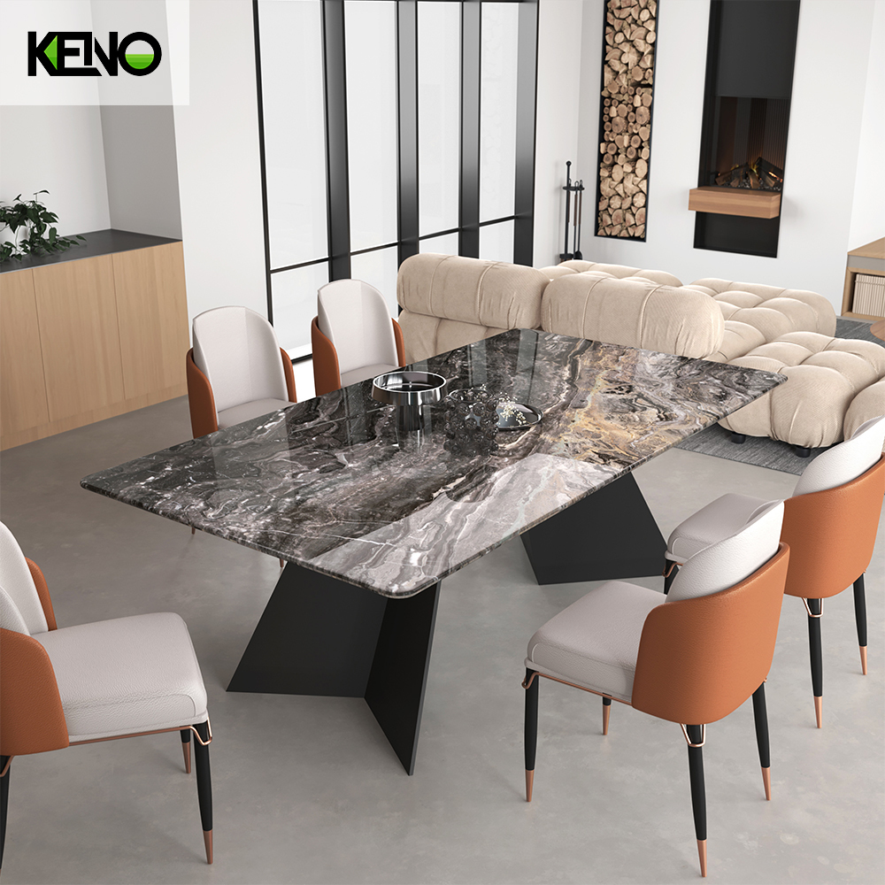 Dining Room Table High-end Home Furniture Venetian Light Brown Sand Black Elongated Ellipse Marble Dining Table Set with Dinner Chairs