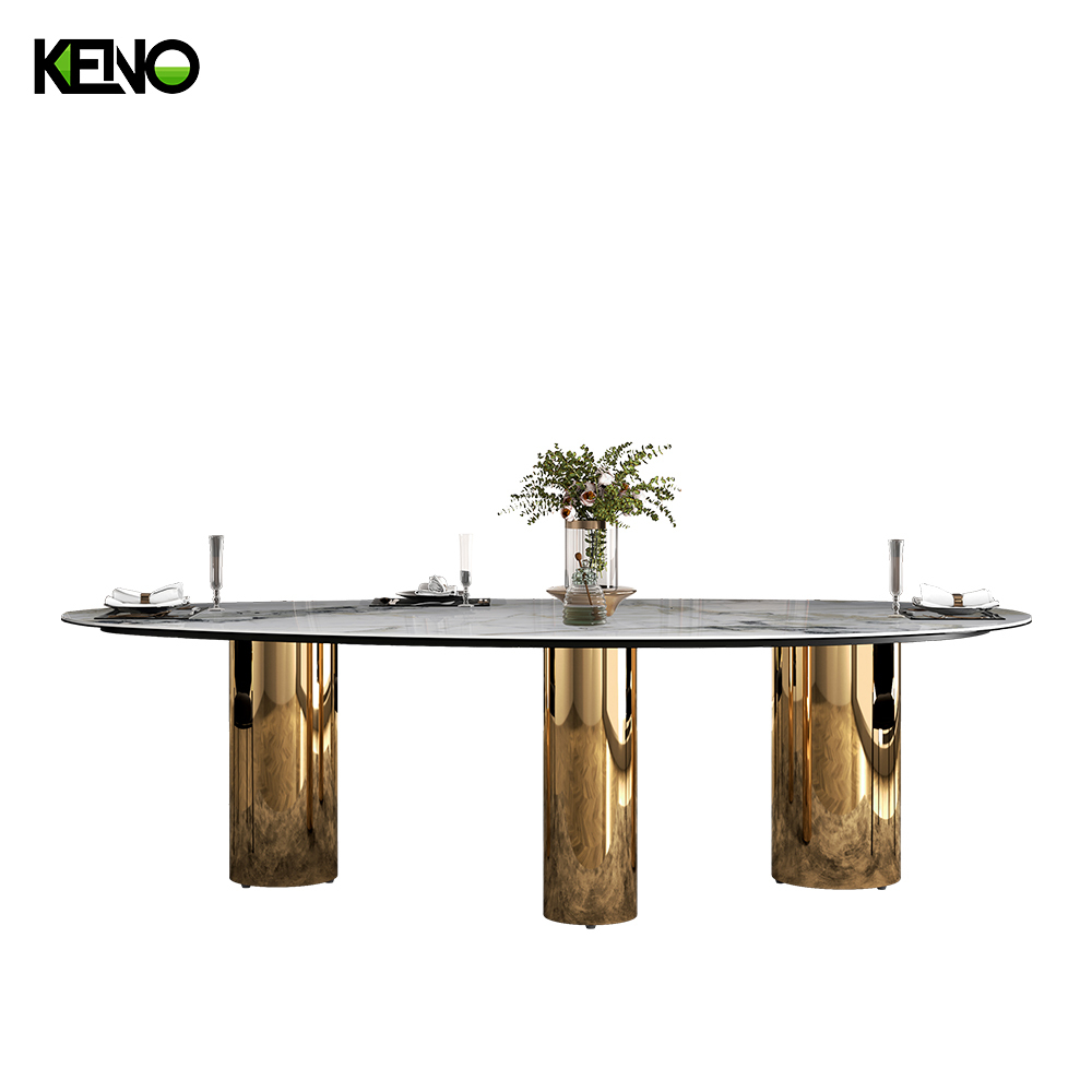 Ellipse Sintered Stone Dining Table — Modern Marble Top Office Furniture Titanium Gold Emerald Style, Custom OEM Sets