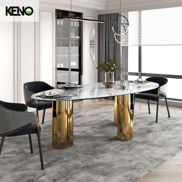 Ellipse Sintered Stone Dining Table — Modern Marble Top Office Furniture Titanium Gold Emerald Style, Custom OEM Sets