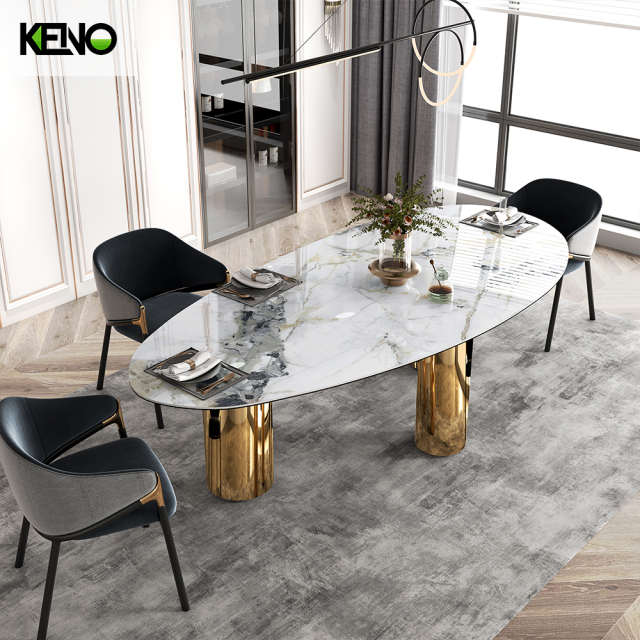 Ellipse Sintered Stone Dining Table — Modern Marble Top Office Furniture Titanium Gold Emerald Style, Custom OEM Sets
