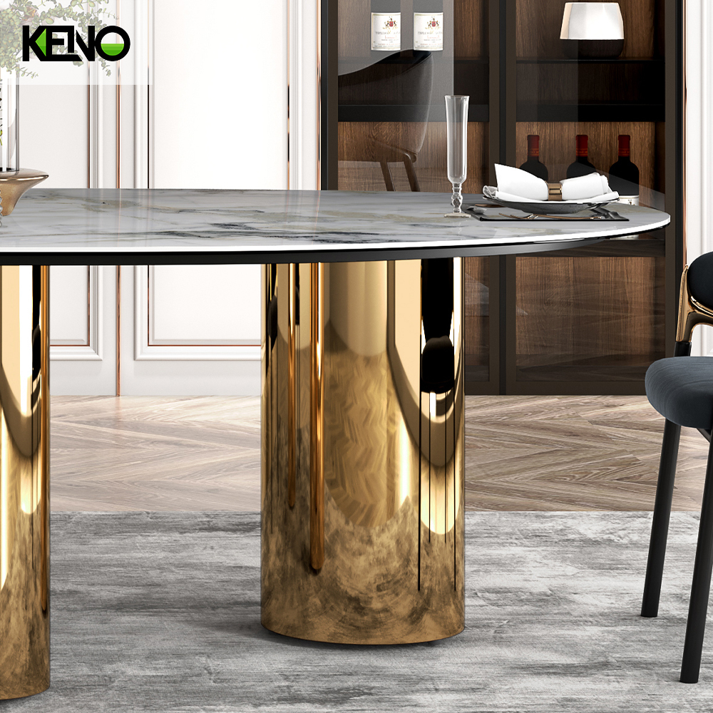Ellipse Sintered Stone Dining Table — Modern Marble Top Office Furniture Titanium Gold Emerald Style, Custom OEM Sets