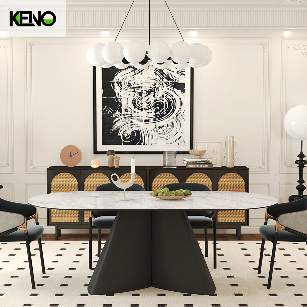 Oval Dining Room Table — Black Carrara Gold Home Furniture Table Coordinated Sets with Dining Chairs