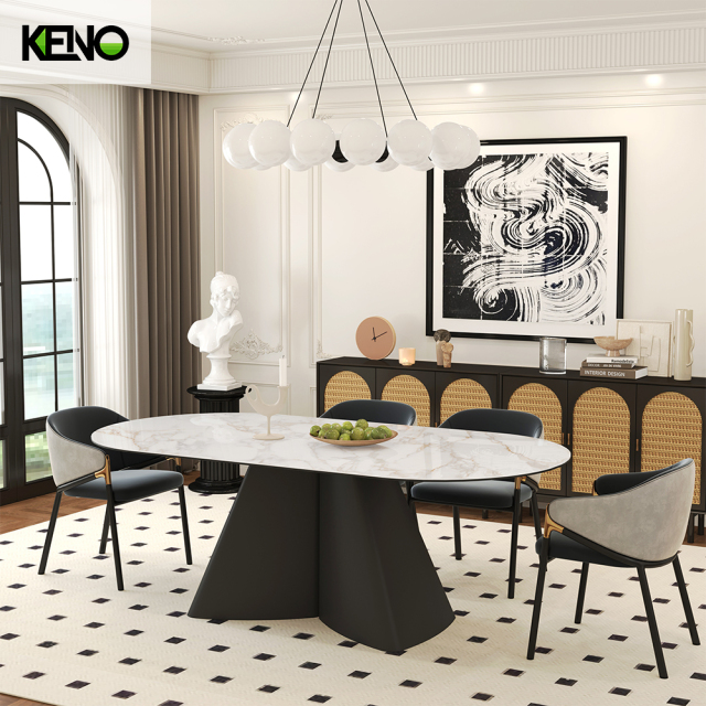 Oval Dining Room Table — Black Carrara Gold Home Furniture Table Coordinated Sets with Dining Chairs