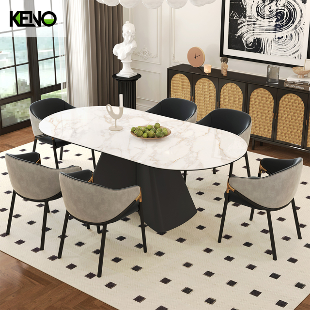 Oval Dining Room Table — Black Carrara Gold Home Furniture Table Coordinated Sets with Dining Chairs