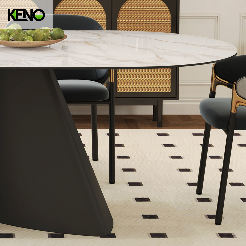 Oval Dining Room Table — Black Carrara Gold Home Furniture Table Coordinated Sets with Dining Chairs