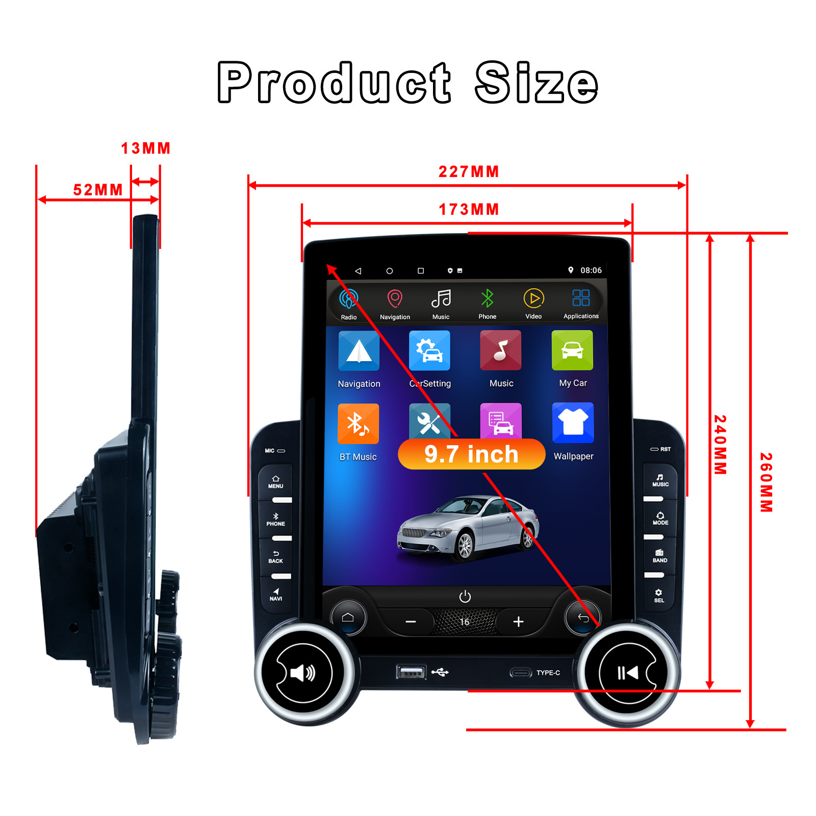 KunLin 9.7Inch 2 Din Android Car Radio Vertical IPS Touch Screen Tesla Style GPS Navigation MP5 Car DVD Player Car Multimedia Carplay
