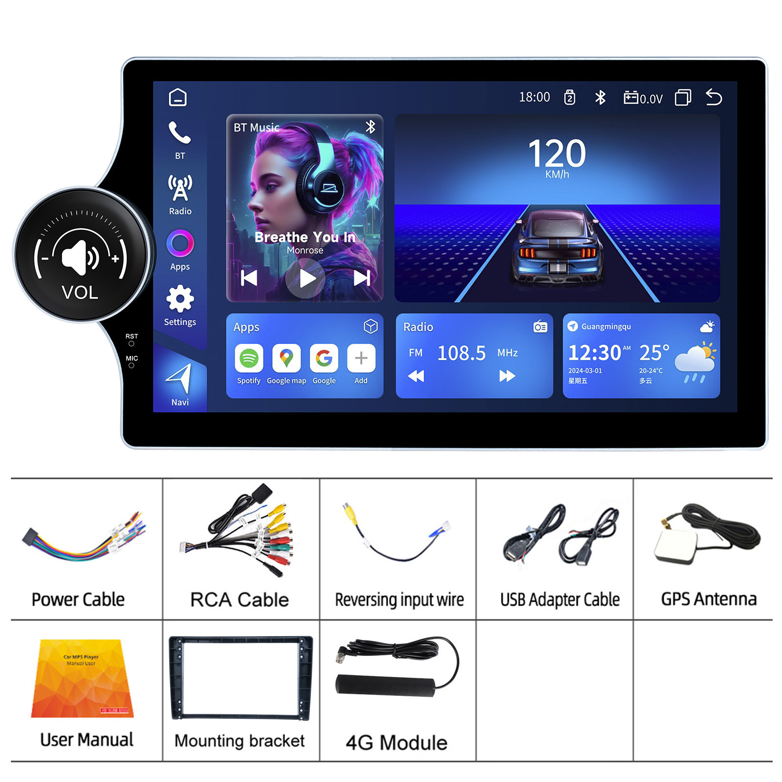 KunLin 10.1 Inch 2+32G Single Knob Button Android Screen Universal Head Unit Car Multimedia Radio Player for All Car Model