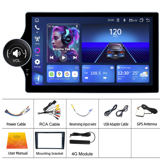 KunLin 10.1 Inch 2+32G Single Knob Button Android Screen Universal Head Unit Car Multimedia Radio Player for All Car Model