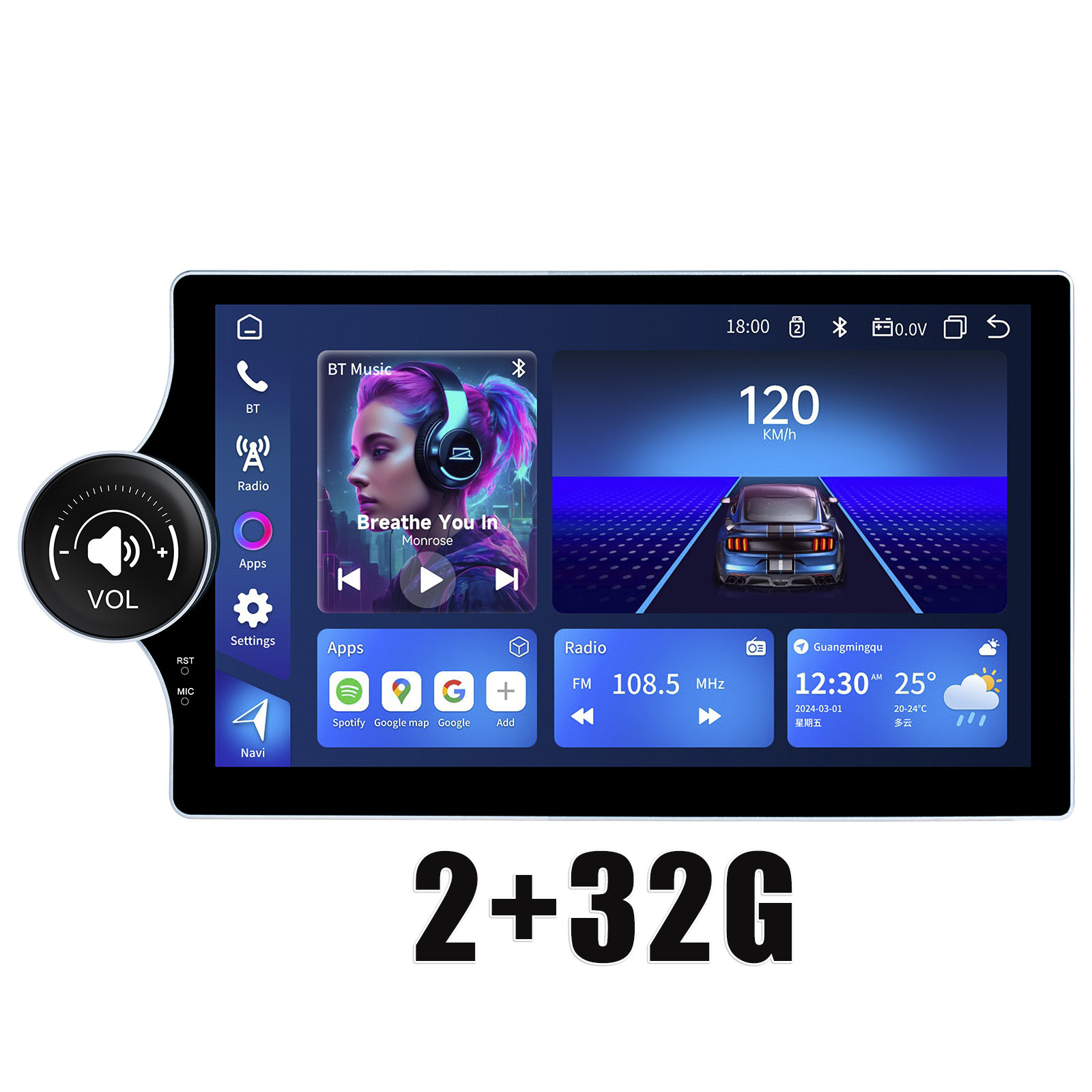 KunLin 10.1 Inch 2+32G Single Knob Button Android Screen Universal Head Unit Car Multimedia Radio Player for All Car Model