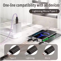 6A 120W 3 in 1 Fast Charging Data Cable RGB Color Streamer Data Cable