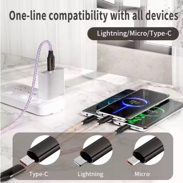 6A 120W 3 in 1 Fast Charging Data Cable RGB Color Streamer Data Cable