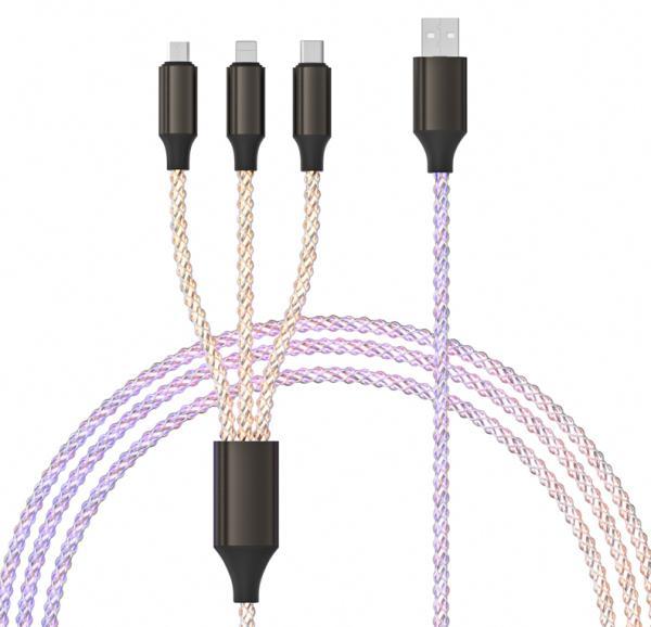Wholesale Mobile Part Supplier - 6A 120W 3 in 1 Fast Charging Data Cable RGB Color Streamer Data Cable