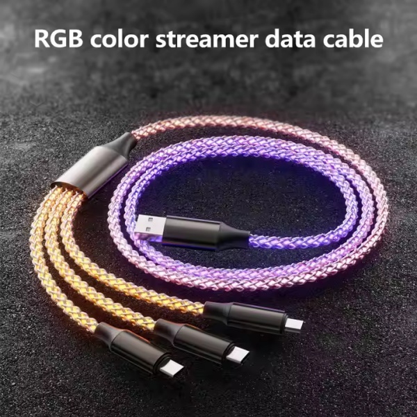 6A 120W 3 in 1 Fast Charging Data Cable RGB Color Streamer Data Cable