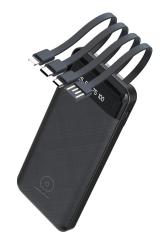 10000mAh Power Bank Black White with 4 Output Cables USB+Lightning+Type C+Micro