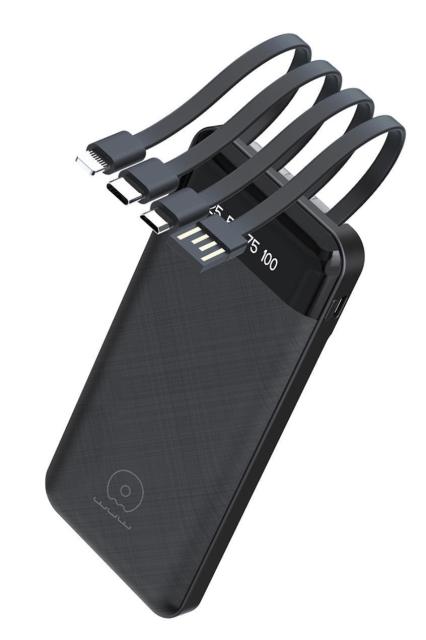 10000mAh Power Bank Black White with 4 Output Cables USB+Lightning+Type C+Micro