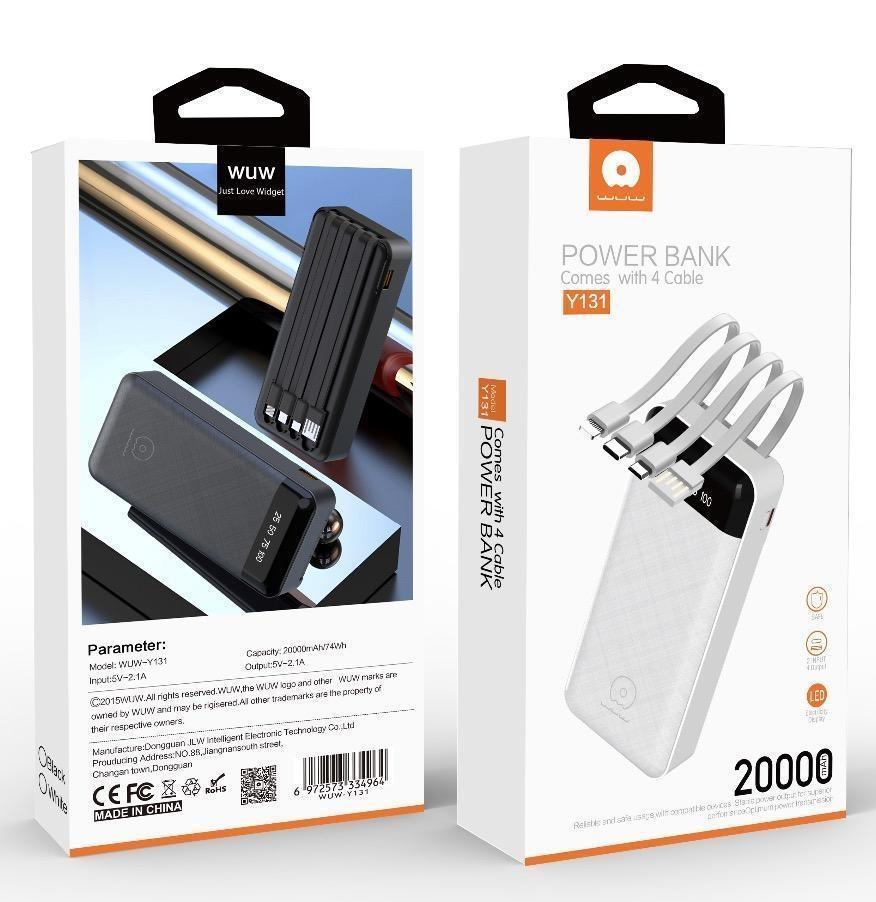 Wholesale Mobile Part Supplier - 20000mAh Power Bank with 4 Output Cables USB+Lightning+Type C+Micro Black White