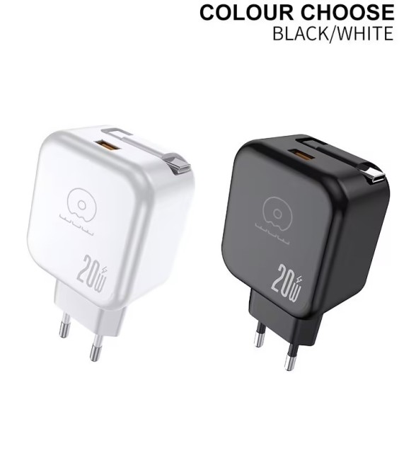 20W Power Adapter with Retractable Type-C Cable and USB Port EU Plug